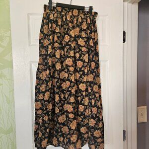 Jones New York Silk Elastic Waist Floral Black and Tan Maxi Skirt Size 6